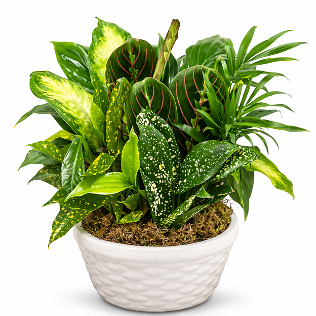 Potted plant with various green leaves in a white pot on a white background
