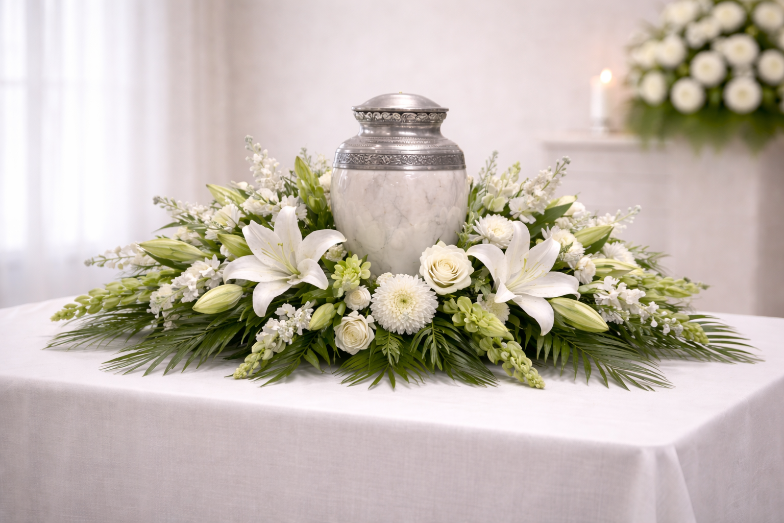 Serene memorial urn arrangement with a silver urn surrounded by a low, symmetrical design of white lilies, white roses, chrysanthemums, soft green accents, and lush greenery, displayed on a white-draped table in a softly lit setting.