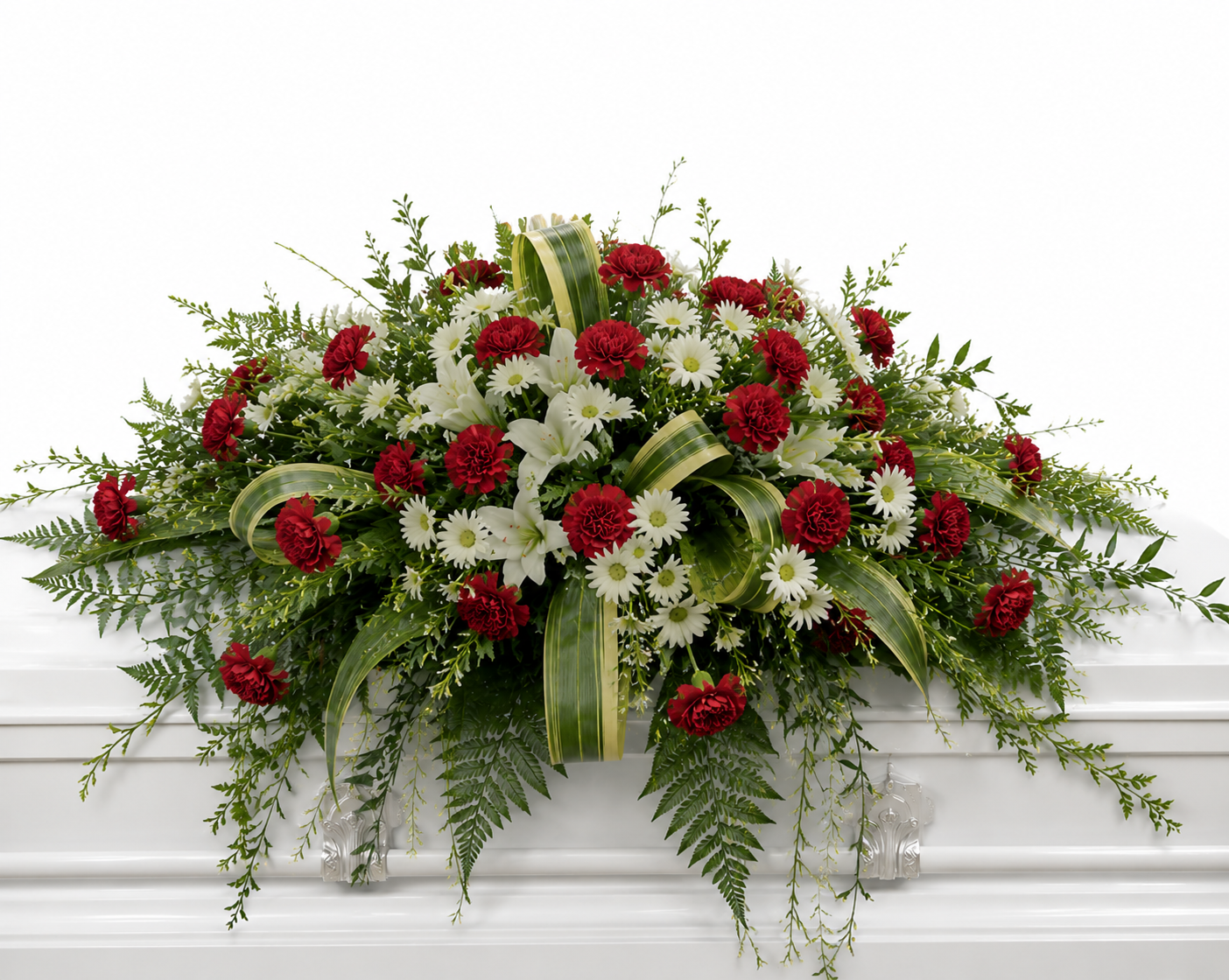 A full-size garden-inspired casket spray featuring an abundant arrangement of premium seasonal flowers surrounded by lush greenery and flowing foliage. The natural cascading design creates a peaceful, elegant tribute that symbolizes love, remembrance, and everlasting respect, making it ideal for funeral services and celebrations of life.