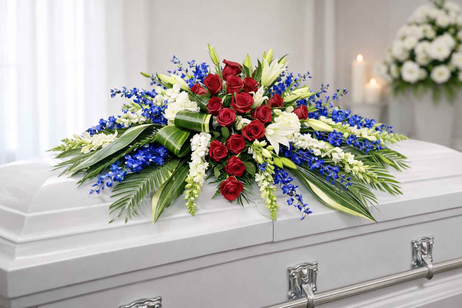 Patriotic casket spray featuring deep red roses, white stock, white lilies and white filler flowers, vibrant blue delphinium, and cascading greenery, arranged in a bold, symmetrical design atop a white casket in a softly lit chapel setting.