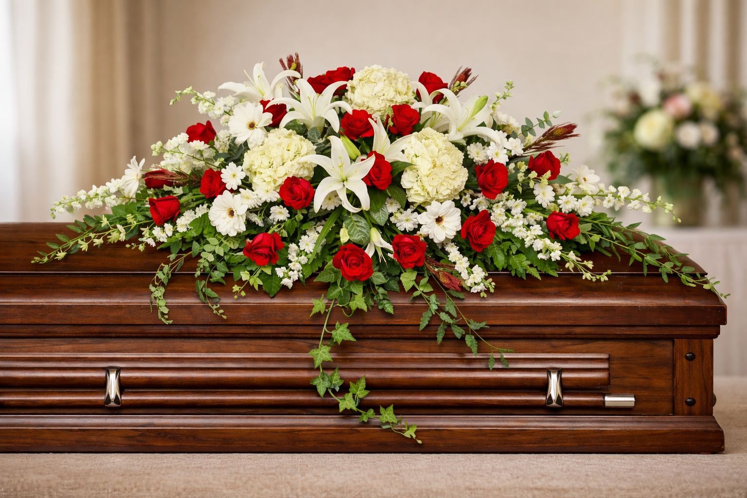 Elegant casket spray featuring red roses, white lilies, white hydrangea, delicate white daisies, and cascading greenery, arranged in a full, symmetrical design atop a polished wood casket in a softly lit chapel setting.
