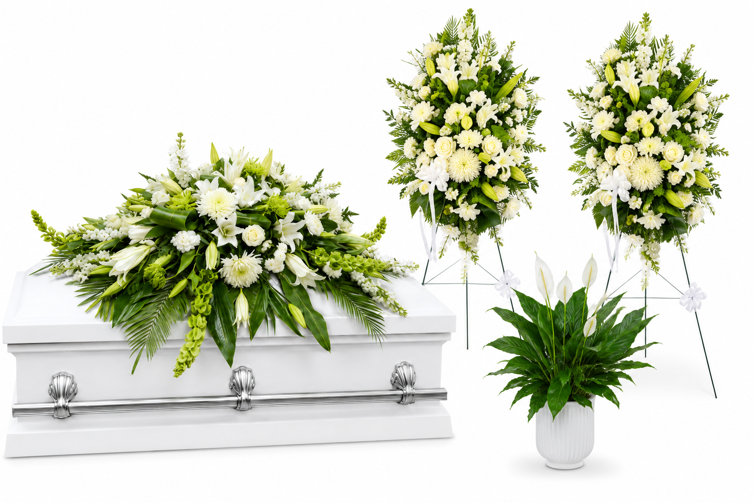 White floral arrangements for a casket and matching stand arrangements, including a large casket spray, two tall boutonnieres, and a potted green plant, shown on a white background.