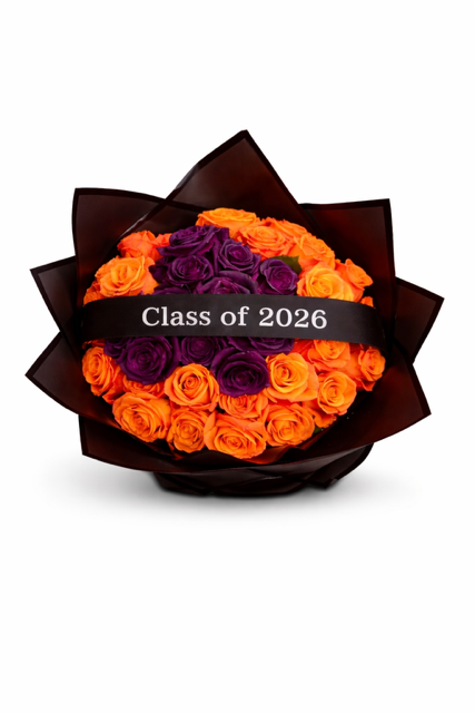 A bouquet of 36 roses arranged in Clemson University colors, featuring bright orange roses surrounding a cluster of deep purple roses in the center. The bouquet is wrapped in black paper and finished with a black sash reading “Class of 2026,” displayed on a clean white background.