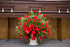 Red carnation sympathy arrangement featuring vibrant red carnations and lush green foliage, accented with a red satin bow and arranged in a white container, displayed beneath a wooden casket in a funeral setting.