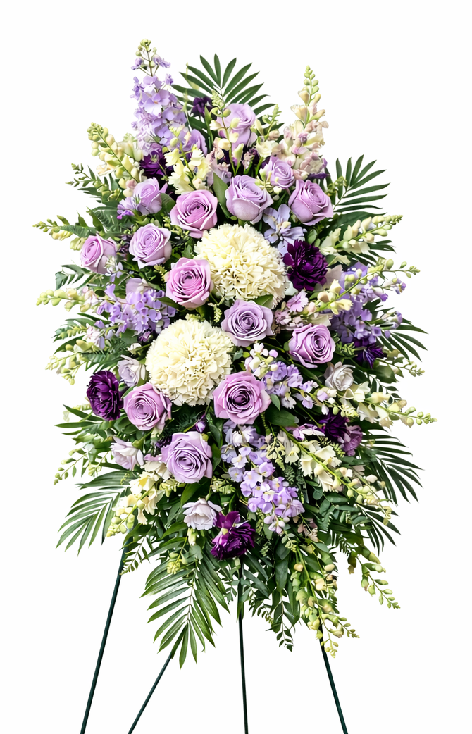 Elegant standing sympathy spray featuring lavender roses, white hydrangea, soft purple carnations and ivory roses, and lush palm and fern greenery, arranged in a full, layered design on a green easel against a neutral background.
