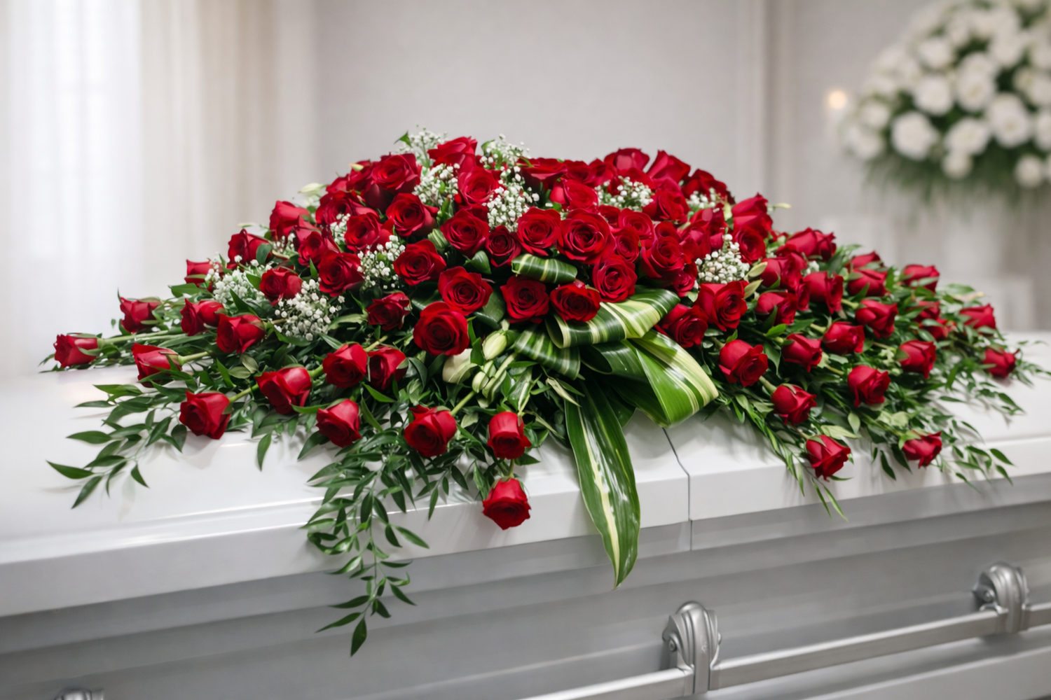 Classic red rose casket spray featuring over 100 of deep red roses accented with baby’s breath and lush greenery, arranged in a full, cascading design atop a white casket in a softly lit chapel setting.