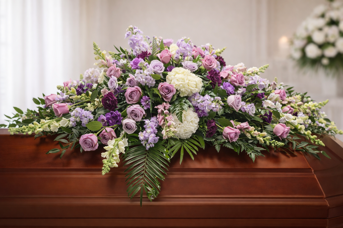 Soft pastel casket spray featuring lavender roses, purple and lavender carnations, white hydrangea, and flowing greenery, arranged in a full, graceful design atop a warm wood casket in a softly lit chapel setting.