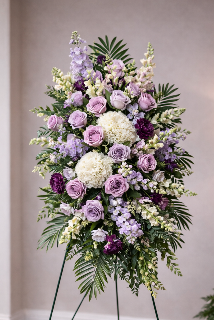 Elegant standing sympathy spray featuring lavender roses, white hydrangea, soft purple carnations and ivory roses, and lush palm and fern greenery, arranged in a full, layered design on a green easel against a neutral background.