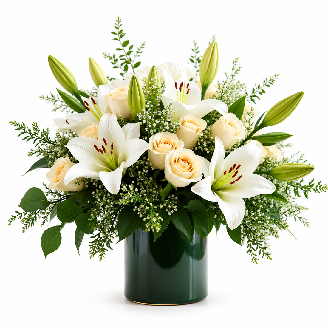Elegant white floral arrangement featuring white lilies and ivory roses accented with soft greenery and delicate filler flowers, designed in a lush, rounded style and displayed in glass vase with green ribbon, against a clean white background.