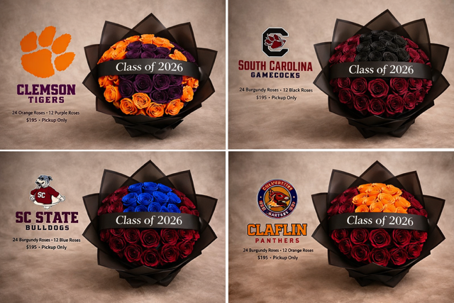 Four bouquets of roses with different color schemes and text, featuring Clemson Tigers, South Carolina Gamecocks, SC State Bulldogs, and Claflin Panthers logos.