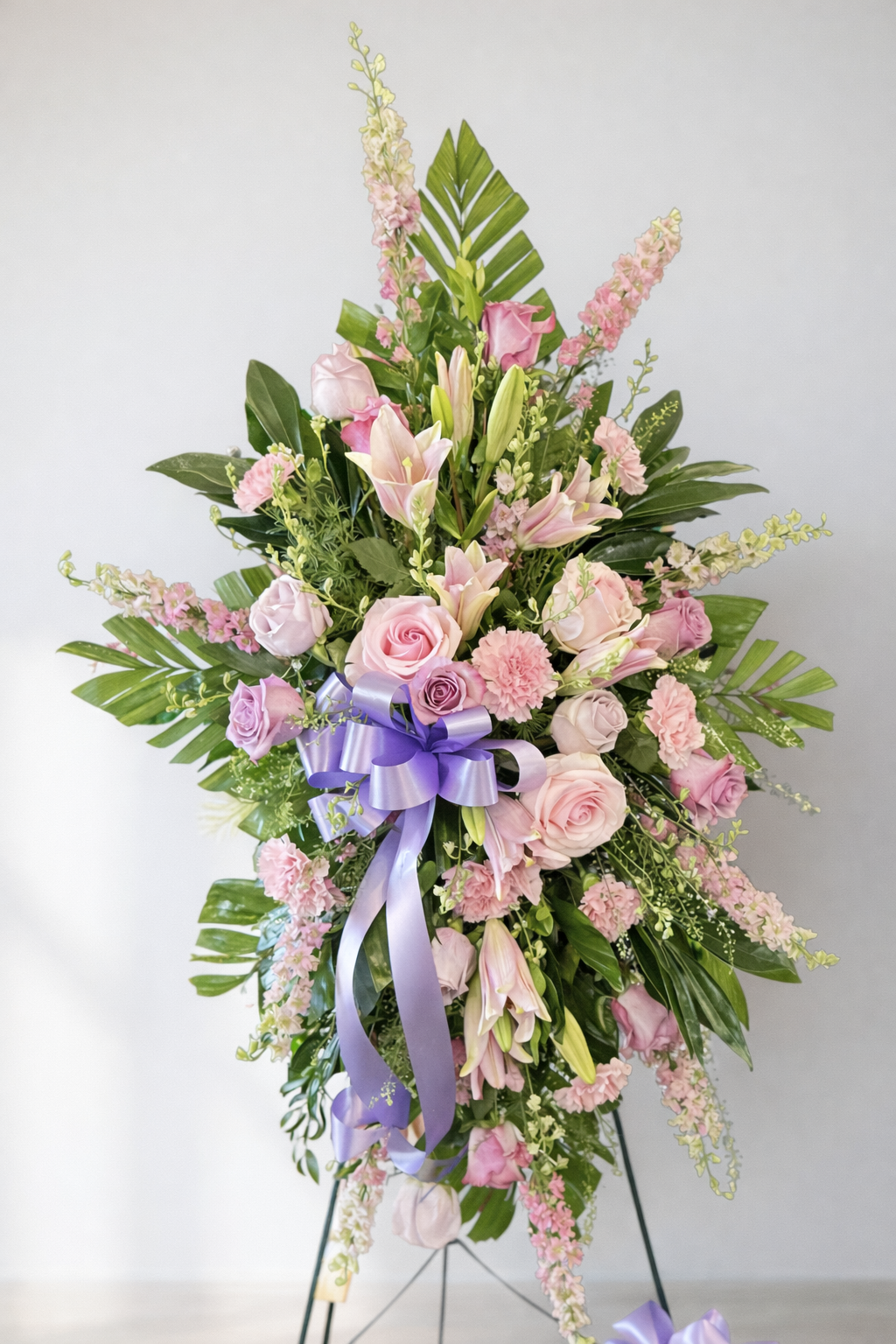 Soft pink standing sympathy spray featuring pink and lavender roses, blush lilies, pale carnations, and delicate filler flowers, accented with lush green foliage and finished with a lavender satin bow, arranged in a graceful vertical design on a green easel against a white background.