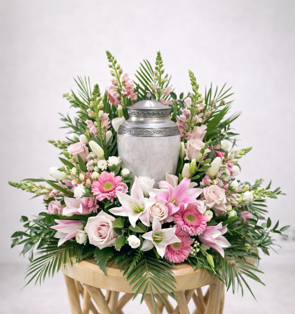 Graceful memorial urn arrangement featuring a silver urn surrounded by soft pink roses, pink gerbera daisies, white lilies, snapdragons, and lush greenery, designed in a full, elevated style on a wooden pedestal against a clean white background.