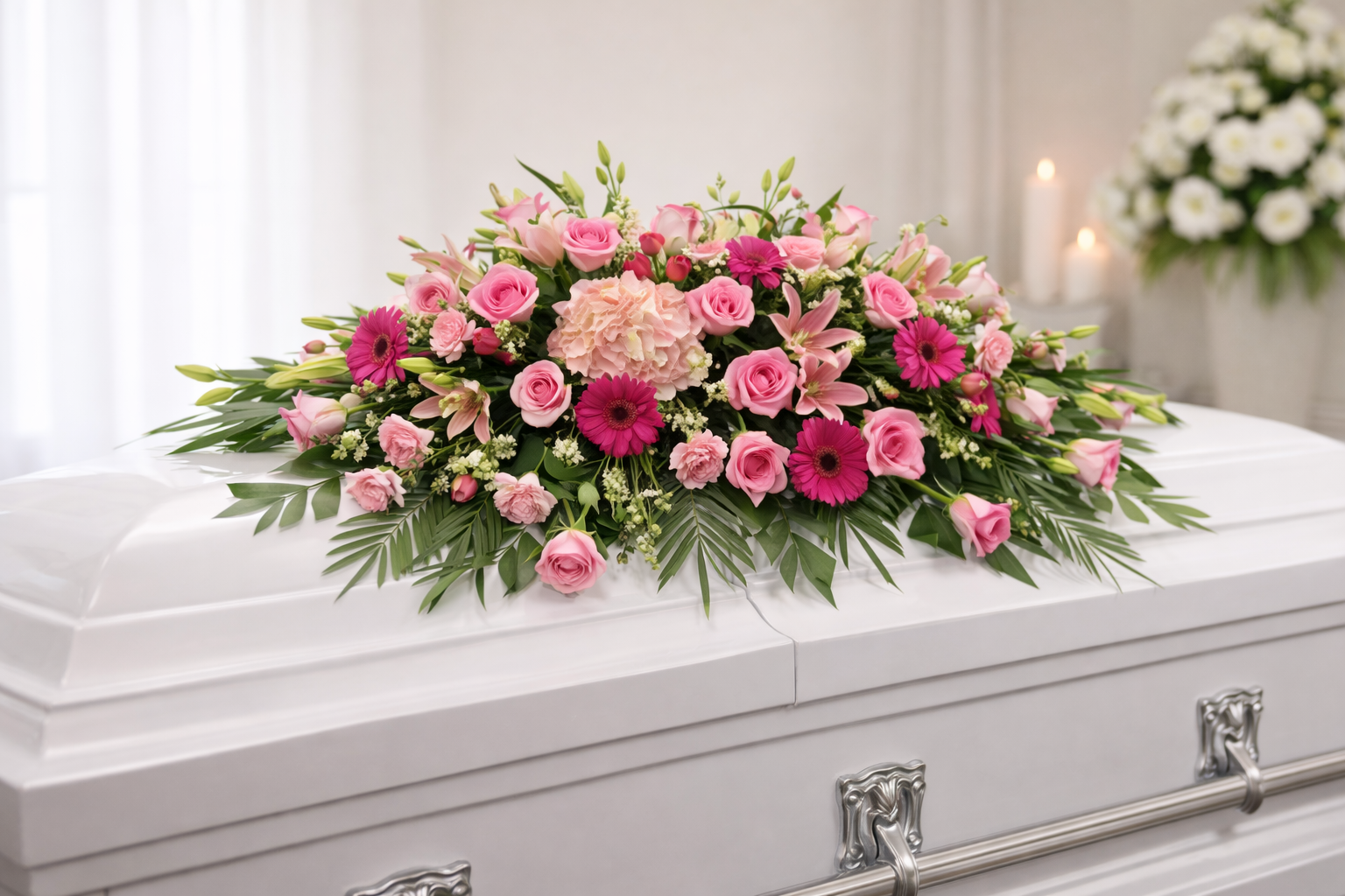 Graceful pink casket spray featuring soft pink roses, pink gerbera daisies, pale pink carnations, delicate filler flowers, and flowing greenery, arranged in a full, elegant design atop a white casket in a softly lit chapel setting.