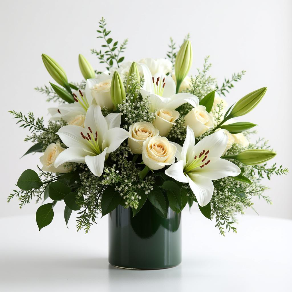 Elegant white floral arrangement featuring white lilies and ivory roses accented with soft greenery and delicate filler flowers, designed in a lush, rounded style and displayed in glass vase with green ribbon, against a clean white background.