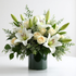 Elegant white floral arrangement featuring white lilies and ivory roses accented with soft greenery and delicate filler flowers, designed in a lush, rounded style and displayed in glass vase with green ribbon, against a clean white background.