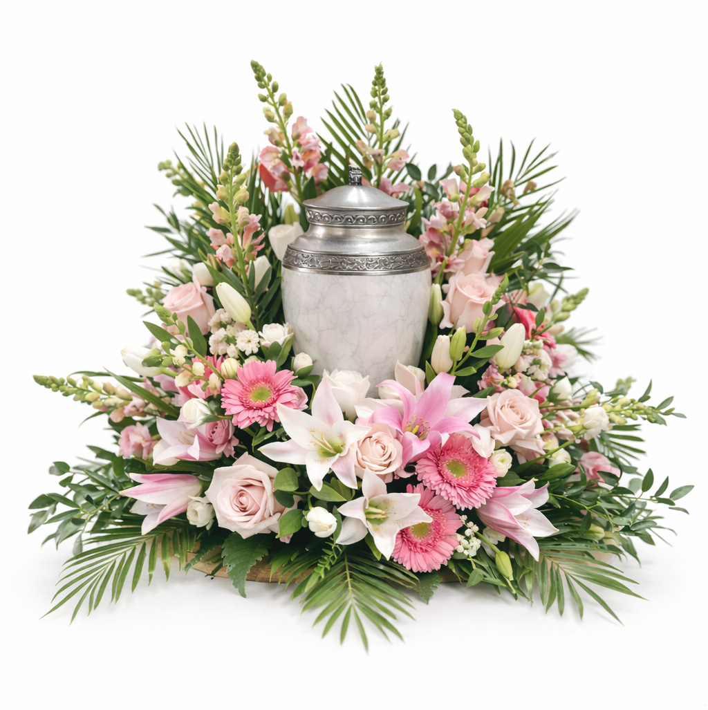 Graceful memorial urn arrangement featuring a silver urn surrounded by soft pink roses, pink gerbera daisies, white lilies, snapdragons, and lush greenery, designed in a full, elevated style on a wooden pedestal against a clean white background.
