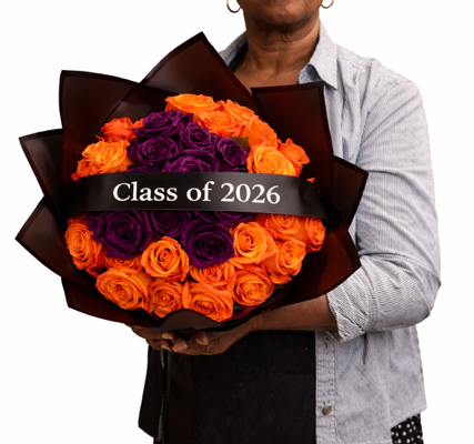 Woman holding a bouquet of orange and purple roses with a &