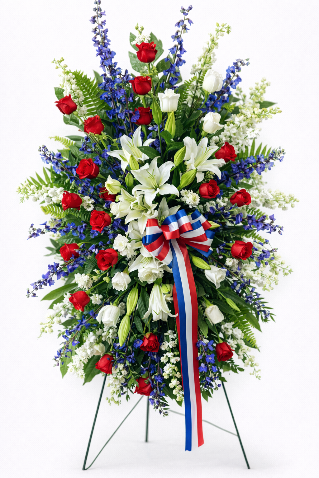 Patriotic standing sympathy spray featuring red roses, white lilies, blue delphinium, and white filler flowers, accented with lush greenery and a red, white, and blue ribbon, arranged in a tall, symmetrical design on a green easel against a clean white background.
