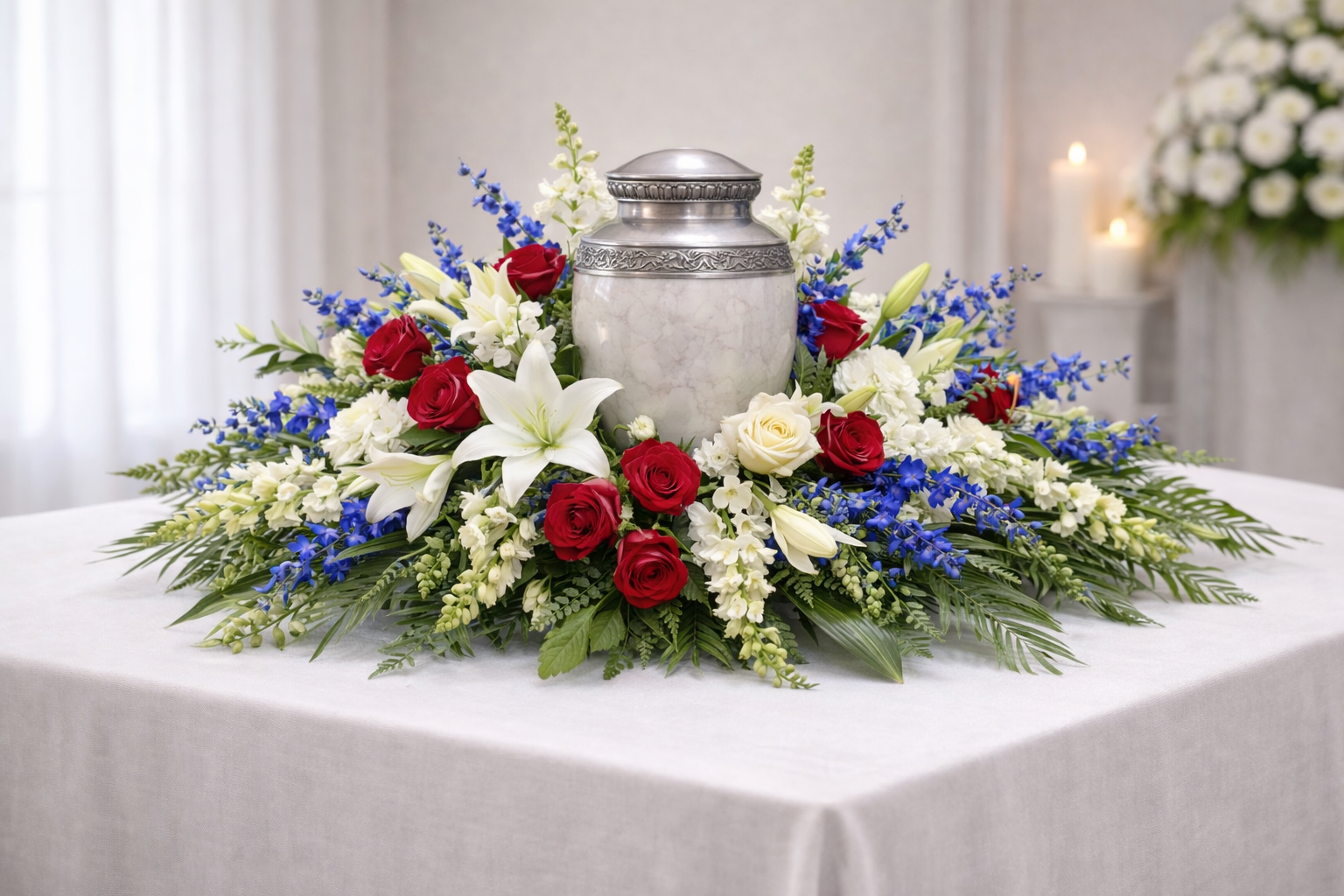Elegant memorial urn arrangement featuring a silver urn centered in a low, symmetrical design of red roses, white lilies, white roses, blue delphinium, and lush greenery, displayed on a white-draped table in a softly lit setting.