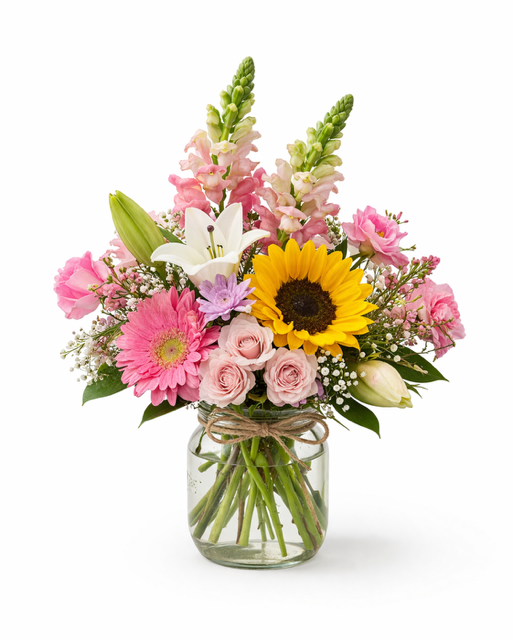 A compact floral arrangement in a clear mason jar featuring a sunflower, pink gerbera daisy, roses, snapdragons, lilies, and greenery against a clean white background.