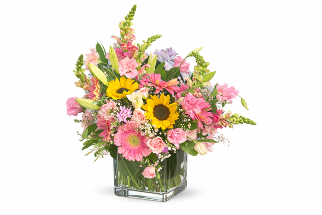 A vibrant floral arrangement featuring yellow sunflowers, pink gerbera daisies, roses, lilies, and snapdragons in a clear glass cube vase, held by a florist against a clean background.