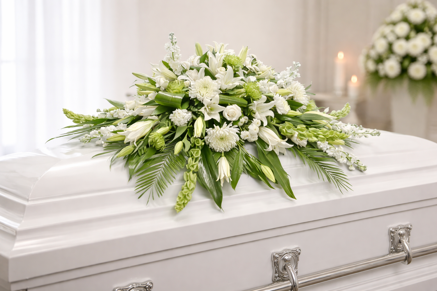 Serene white casket spray featuring white lilies, white stock, white chrysanthemums, white snapdragons, bells of ireland, delicate white filler flowers, and lush cascading greenery, arranged in a full, elegant design atop a white casket in a softly lit chapel setting.