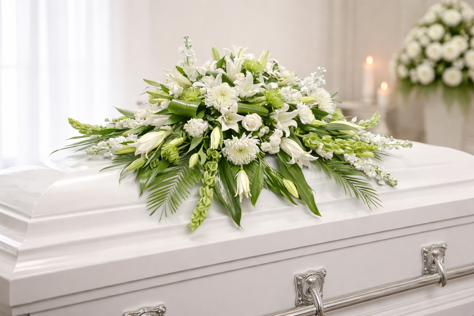Serene white casket spray featuring white lilies, white stock, white chrysanthemums, white snapdragons, bells of ireland, delicate white filler flowers, and lush cascading greenery, arranged in a full, elegant design atop a white casket in a softly lit chapel setting.