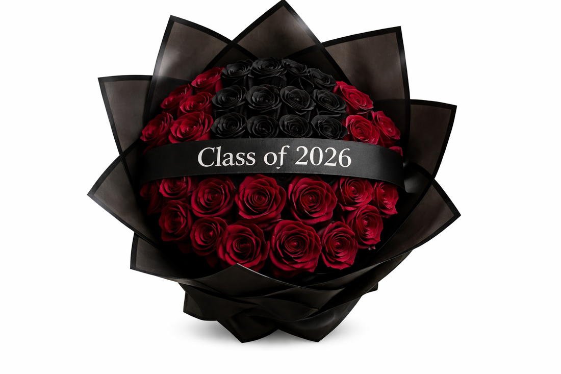 Bouquet of red and black roses with &