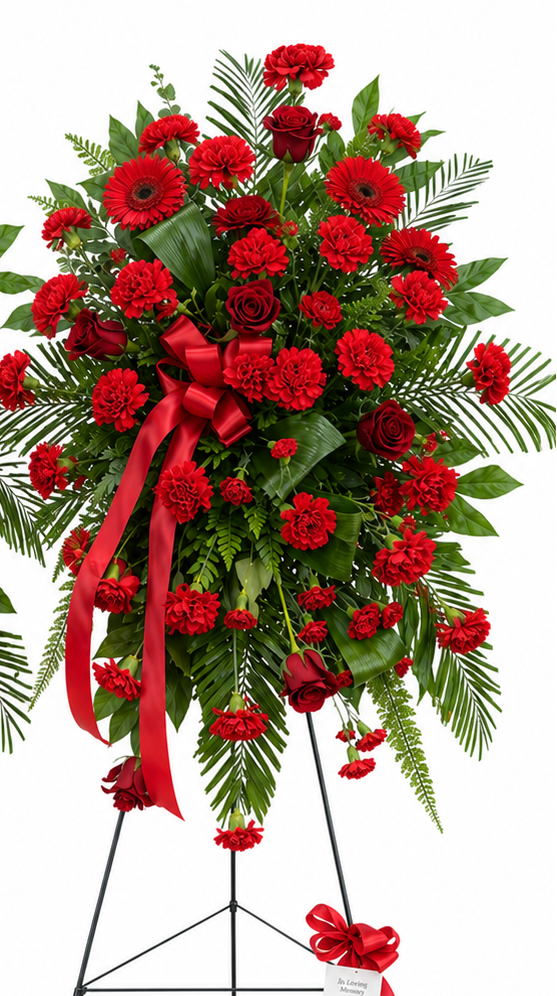 Standing sympathy spray featuring vibrant red carnations, gerbera daisies, and roses accented with lush evergreen foliage, finished with a flowing red satin ribbon, arranged in a classic vertical design on a green easel against a white background.