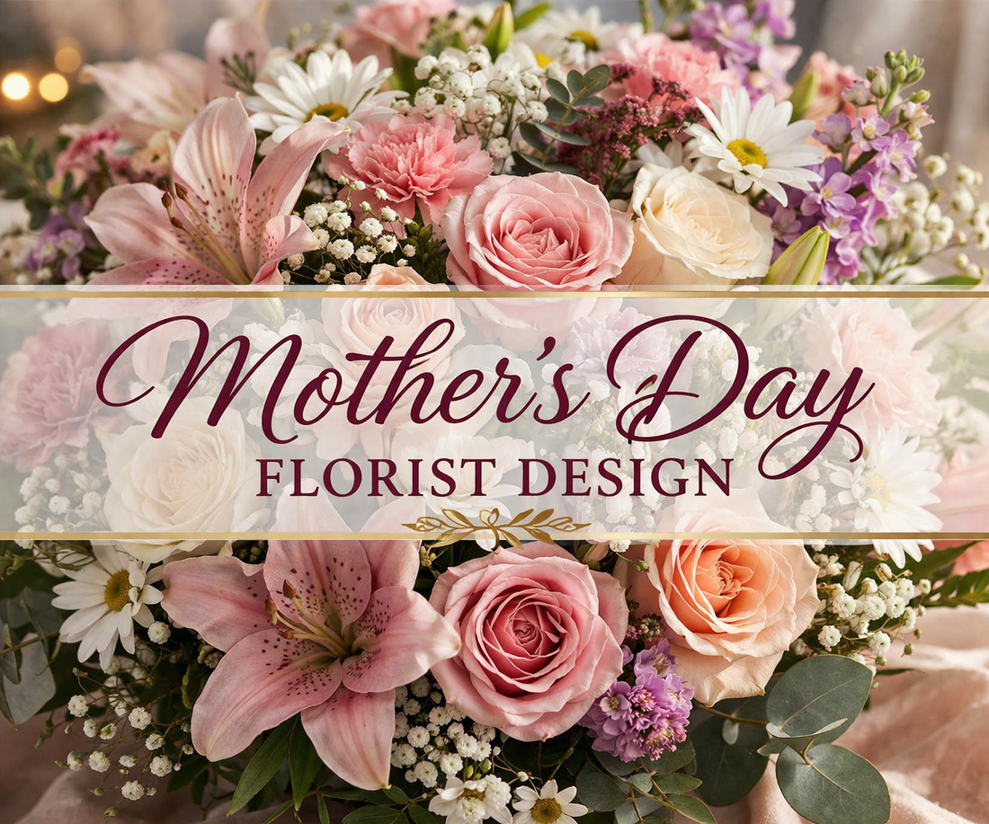A lush pastel floral arrangement featuring roses, carnations, daisies, and lilies with greenery, overlaid with the text “Mother’s Day Florist Design,” styled for a soft and elegant presentation.
