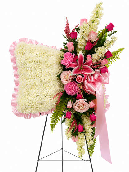 A large floral arrangement on a black metal stand, featuring a square white flower pillow with pink ruffled trim and a cascading bouquet of pink roses, lilies, white flowers, green foliage, and a pink ribbon bow.