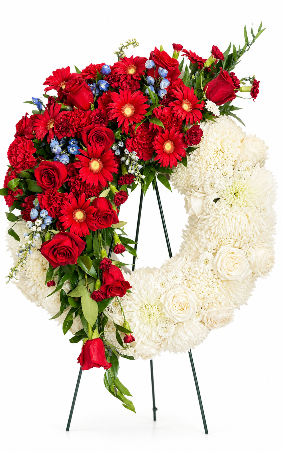 Open-circle sympathy wreath featuring creamy white roses and chrysanthemums, accented with cascading red roses, red gerbera daisies, touches of soft blue delphinium flowers, and lush greenery, arranged in an asymmetrical design on a green easel against a white background.